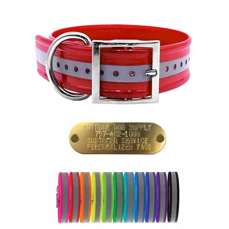 1 1/2″ Reflective Premium Glow Tuff D Ring Large Dog Collar with Brass Name Plate