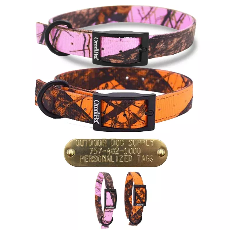 1″ Hunting Camo Nylon D Ring Dog Collar with Brass Name Plate