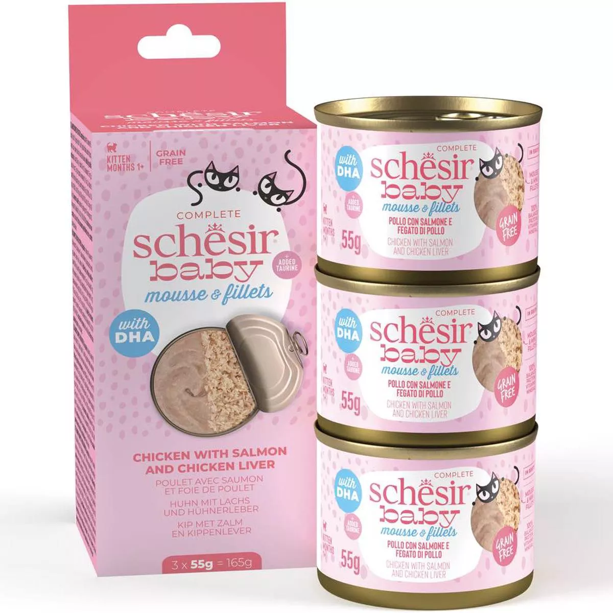 15% OFF: Schesir Baby Mousse & Fillets Chicken With Salmon & Chicken Liver Grain-Free Kitten Canned