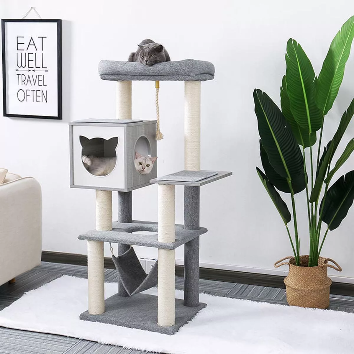 20.5″ Modern Gray Multi-Level Wooden Cat Tower with Hammock and Scratching Posts