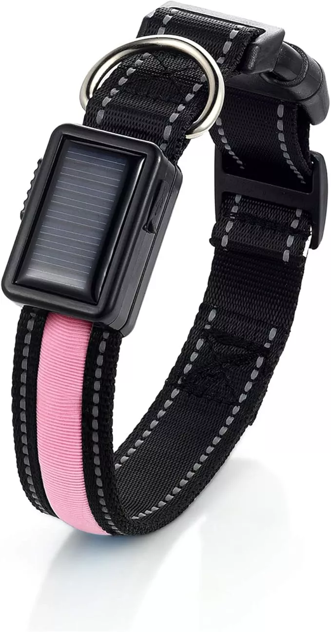 Avaner Reflective Dog Collar, Solar/USB Charging LED Light-up Pet Collar, Adjustable Nylon Collar for Dog