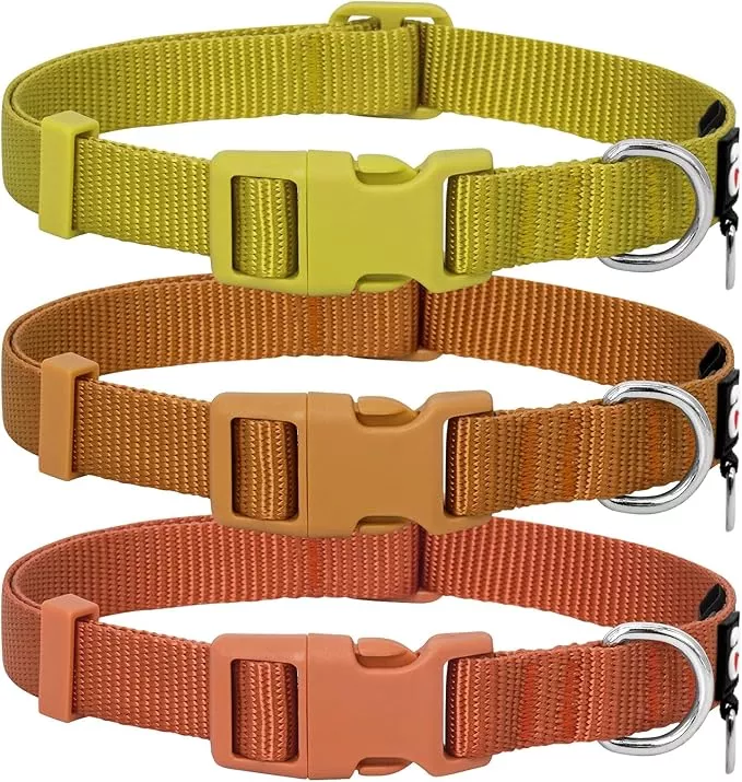 azuza 3 Pack Fall Dog Collars Comfortable and Adjustable Nylon Dog Collars for Medium Dogs, M (14-20inch), Ginger Yellow, Rust Orange and Latte Brown