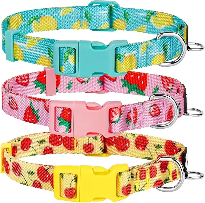 azuza 3 Pack Fruit Design Dog Collars Comfortable and Adjustable Nylon Dog Collars for Puppy Small Dogs, XS (8-12inch),Strawberry,Lemon and Cherry