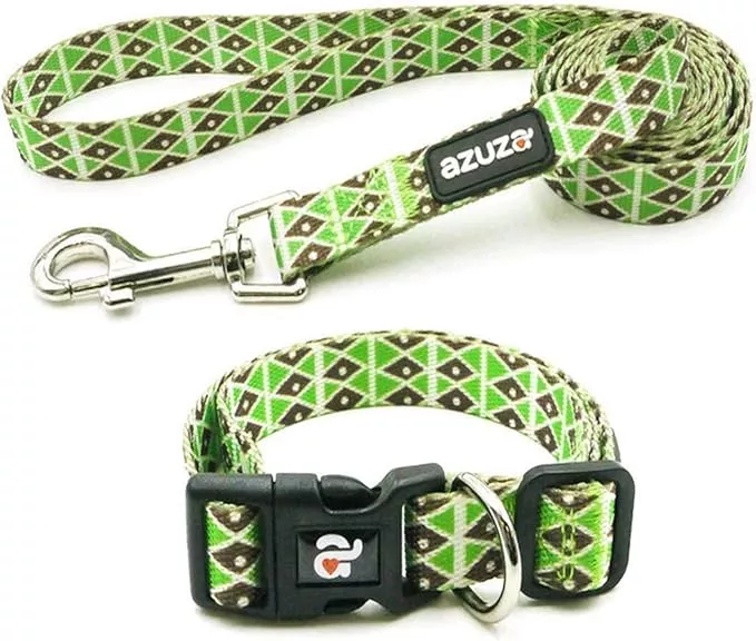 azuza Dog Collar and Leash Set, Adjustable Nylon Collar with Matching Leash, Green Diamond for Medium Dogs