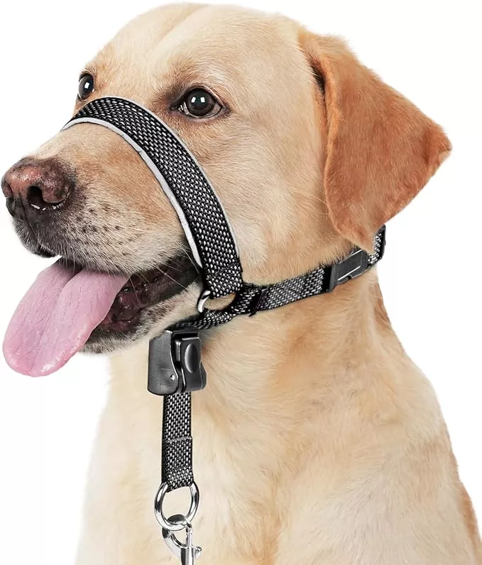 BARKLESS Dog Head Collar, Soft No Pull Head Halter, Reflective Muzzle Leash with Safety Link, Adjustable Headcollar, Padded Nose Leash for Large Medium Dogs Training Walking (Black, L)