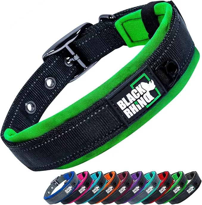 Black Rhino Dog Collars for Small Dogs – Adjustable Reflective Heavy Duty Dog Collar with Ultra-Soft Neoprene Padding – Weatherproof, Durable, and Comfortable for Active Dogs – Green and Black