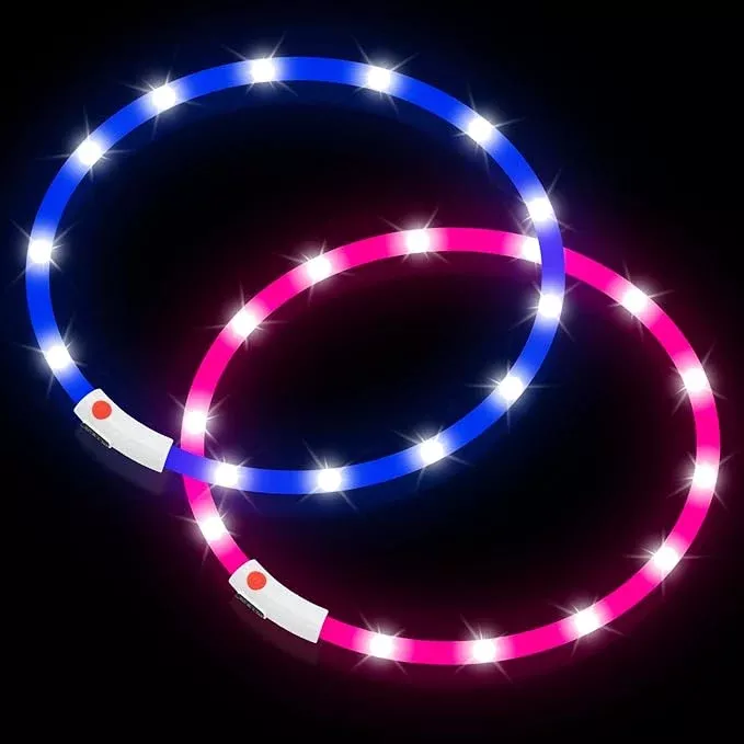 BSEEN Light Up Dog Collar – 2 Pack LED Dog Collar Rechargeable, Silicone Cuttable Glow in The Dark Dog Collar Light, Flashing Safety Dog Lights for Night Walking (Pink+Blue)