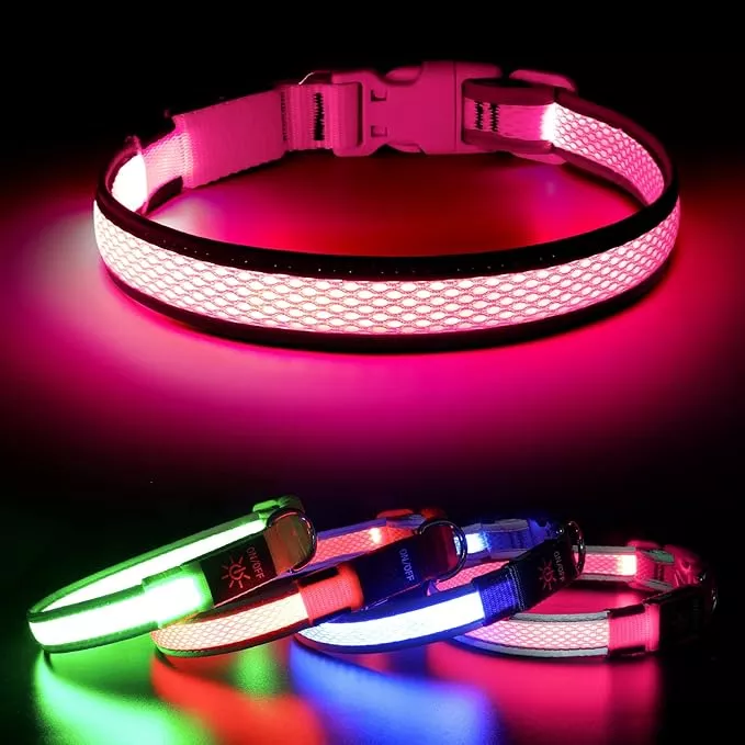 BSEEN Light Up Dog Collars – Reflective LED Dog Collar, Adjustable Puppy Collar, Rechargeable Dog Camping Gear Dog Collar Light for Small Medium Large Dogs (Large, Pink)