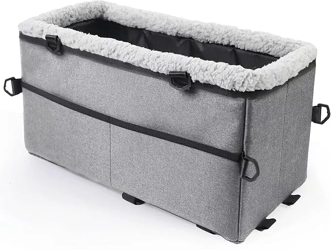 Center Console Dog Car Seat for Small Dogs Pets Under 20lbs with Additional Safety Belt Puppy Rope, Foldable&Washable Car Seats for Dogs with Pocket, Pet Cars Cushion, (Grey 17 * 8 * 9inch)