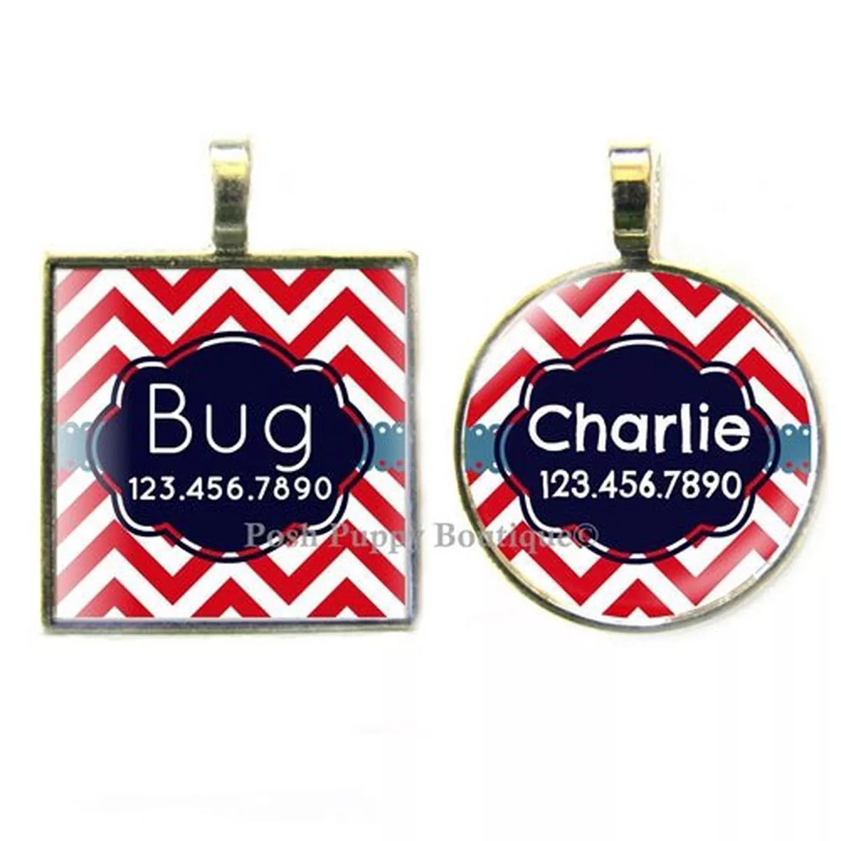 Chevron Custom Silver Pet ID Tag- Red