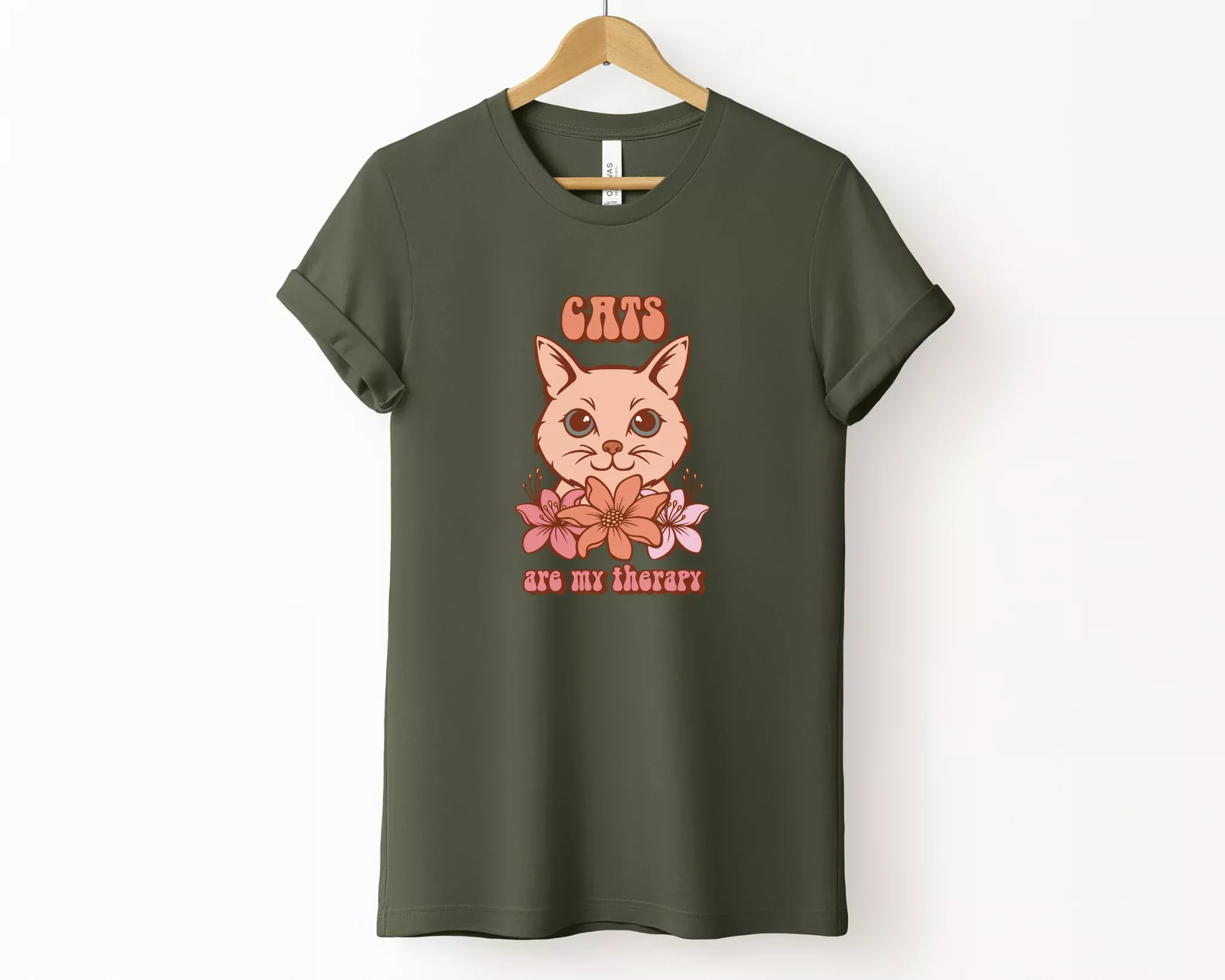 [Clearance 30%] Cats Are My Therapy Crewneck T-shirt, Military Green