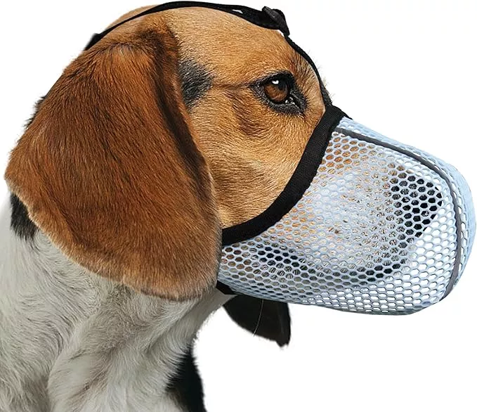 Dog Muzzle, Breathable Soft for Small to Medium Dogs to Anti & Prevent Barking Biting Chewing, Reflective & Adjustable Basket Muzzle with Air Mesh for Schnauzer Beige M