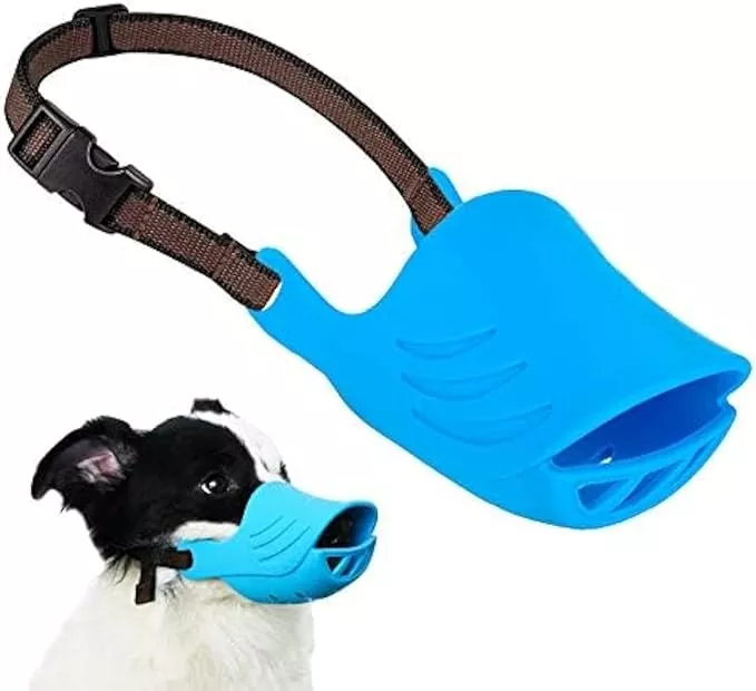 Dog Muzzle, Soft Duck Silicone Mouth Cover with Adjustable Strap for Small Medium Dogs, Best to Prevent Barking, Biting, and Chewing (L, Blue)