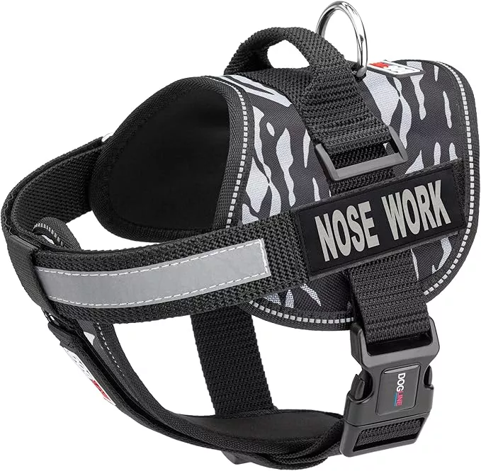 Dogline Unimax Dog Harness Vest with Nose Work Patches Reflective No-Pull, Adjustable Straps, Breathable Neoprene for Medical, Service, Identification and Training Dogs Girth 15 to 19″ Leopard Brown