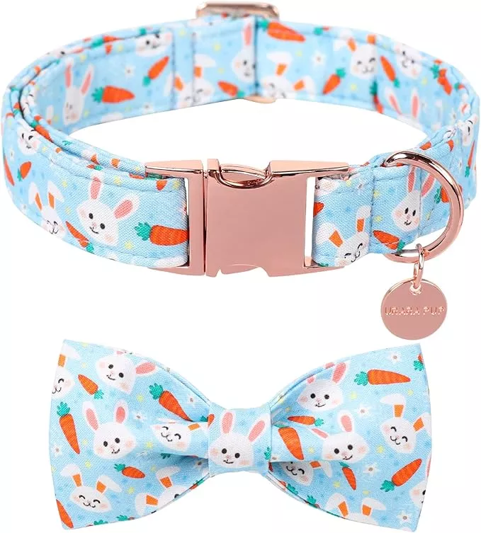 Easter Dog Collar With Bow Tie, Cotton Carrot Bowtie for Large Girl Boy Dog, Cute Bunny Pet Collar With Metal Buckle, Gift, XS