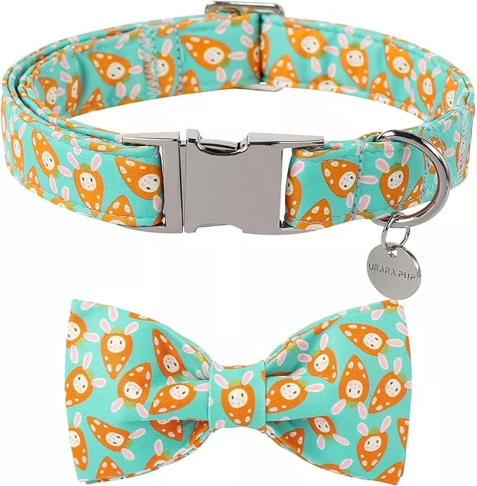 Easter Dog Collar with Bow Tie, Lovely Cotton Easter Carrot Adjustable Bowtie Collar for Girl Boy Dog, Adorable Carrots Puppy Collars with Metal Buckle,L, Neck 16-24in