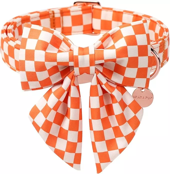 Fall Dog Collar with Bow Tie, Orange Plaid Bowtie Dog Collar, Autumn Bowtie Collars for Puppy Boy Girl Dogs, Comfortable Cotton Dogs Collars with Metal Buckle