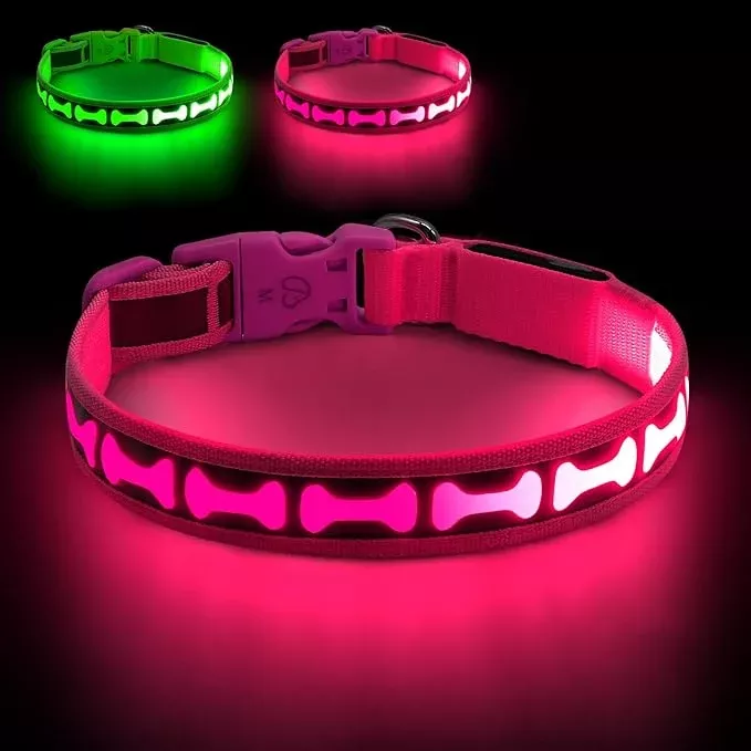 Flashseen Light Up Dog Collars, Adjustable LED Dog Collar Rechargeable, Glow in The Dark Dog Collars Super Bright Glow Collars for Night Walking for Dogs (Green, Large)