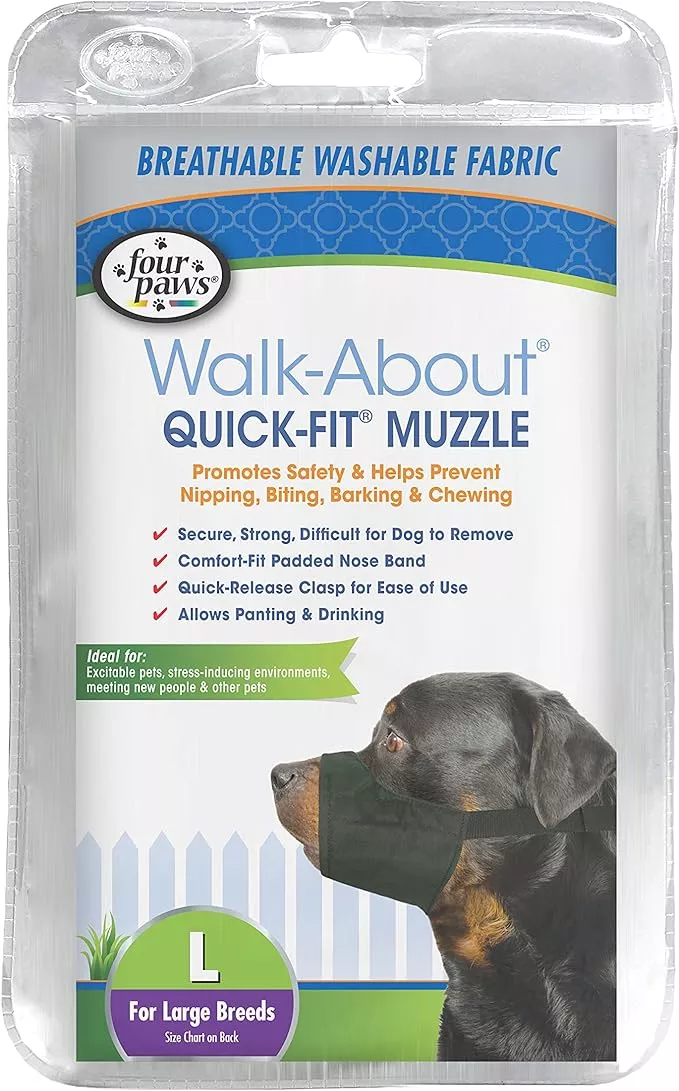 Four Paws Walk-About Quick-Fit Adjustable Dog Muzzle for Large Dogs, Washable & Breathable, Black, 1 Count