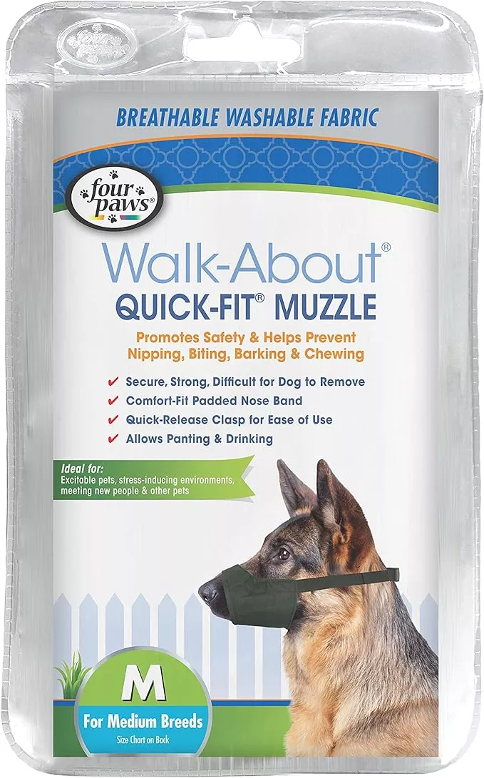 Four Paws Walk-About Quick-Fit Adjustable Dog Muzzle for Medium Dogs, Washable & Breathable, Black, 1 Count