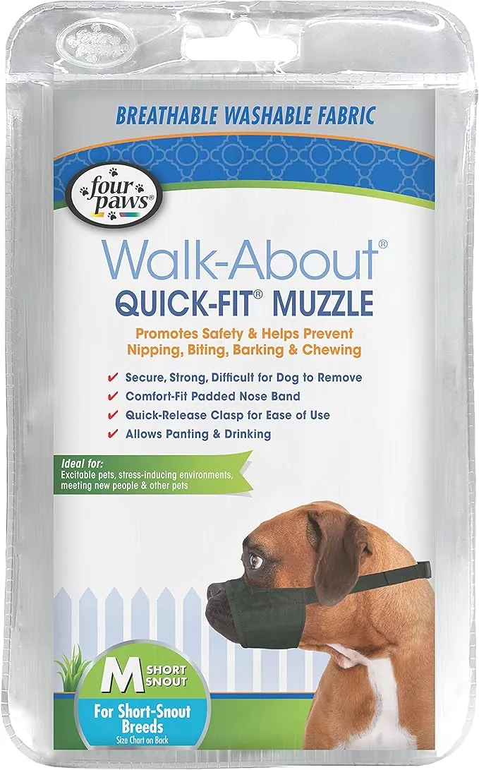 Four Paws Walk-About Quick-Fit Short Snout Adjustable Dog Muzzle for Medium Dogs, Washable & Breathable, Black, 1 Count