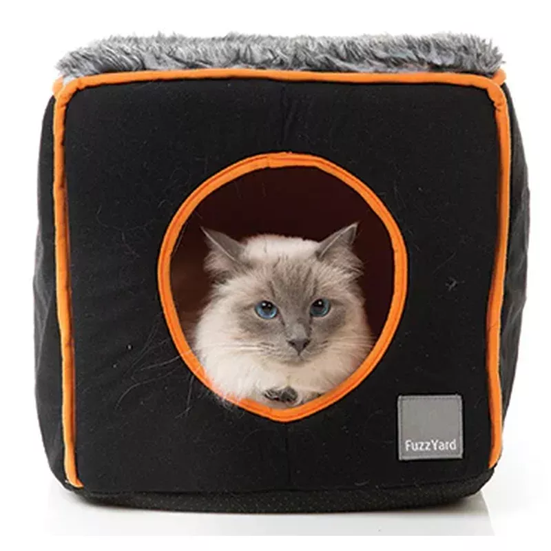 FuzzYard Cat Cube Bed in Black with Orange (discontinued)