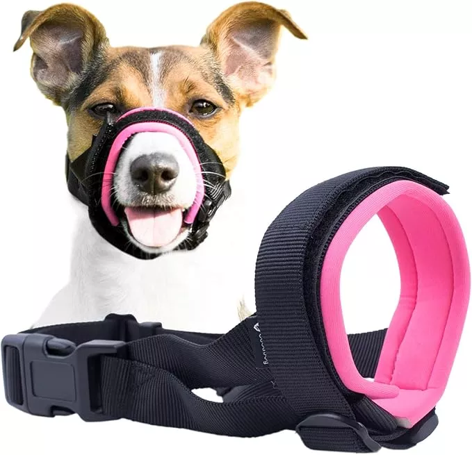 Gentle Muzzle Guard for Dogs – Prevents Biting and Unwanted Chewing Safely – New Secure Comfort Fit – Soft Neoprene Padding – No More Chafing – Training Guide Helps Build Bonds with Pet (L, Blue)