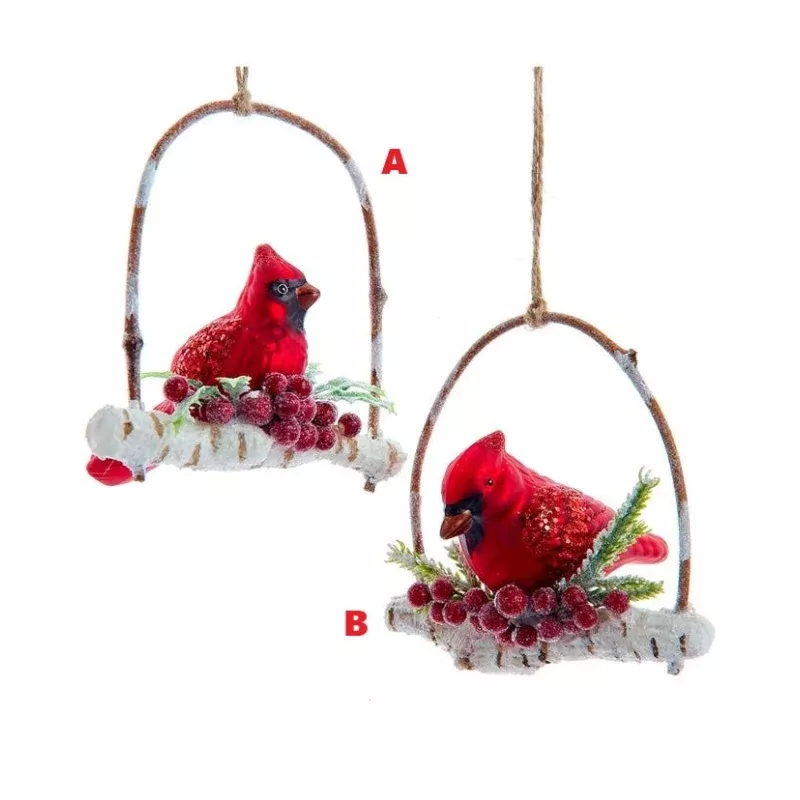 Glass Birch Berries Cardinal On Branch Ornament