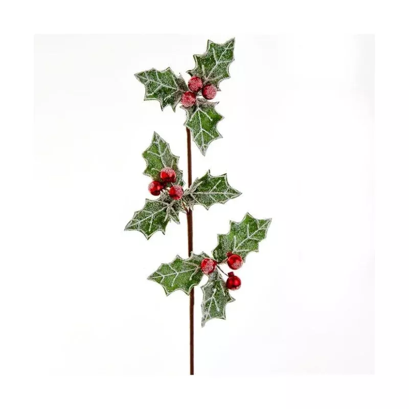 Glittered Holly With Red Berries Pick