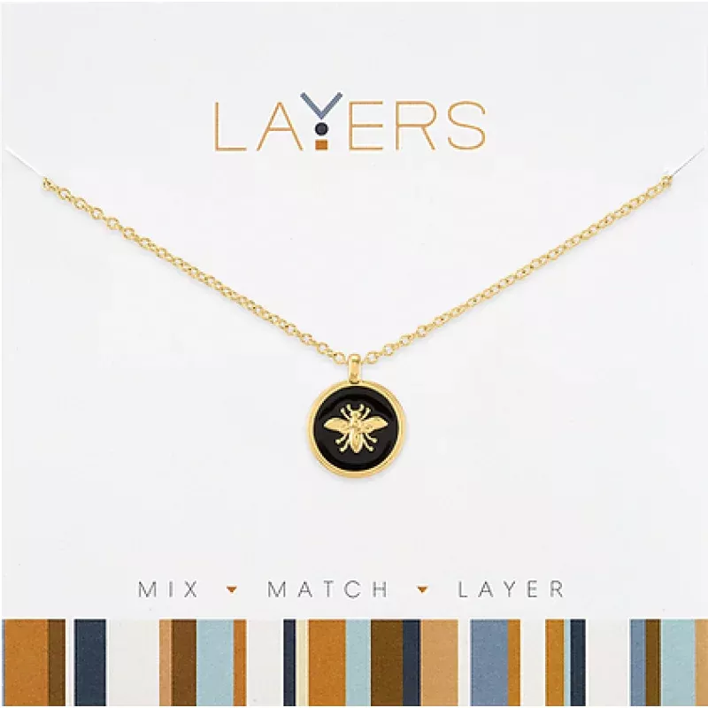 Gold Bee on Black Coin Layers Necklace