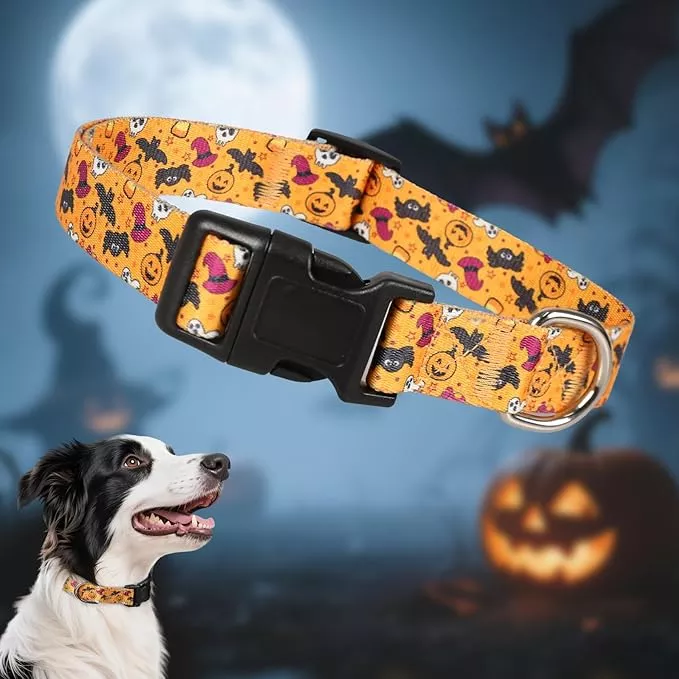 Halloween Dog Collar, Adorable Ghost Pattern Halloween Collar for Medium to Large Dogs – Comfortable & Cute November 1st All Saints Dog Collars (L, 15.5-26IN)