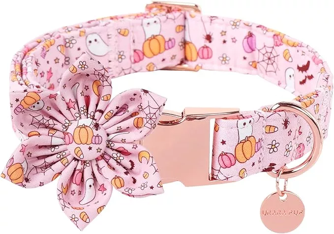 Halloween Dog Collar with Pink Flower, Adjustable Size, Premium Cotton, Sturdy Metal Buckle, Fits Small, Medium, Large Dogs & Cats