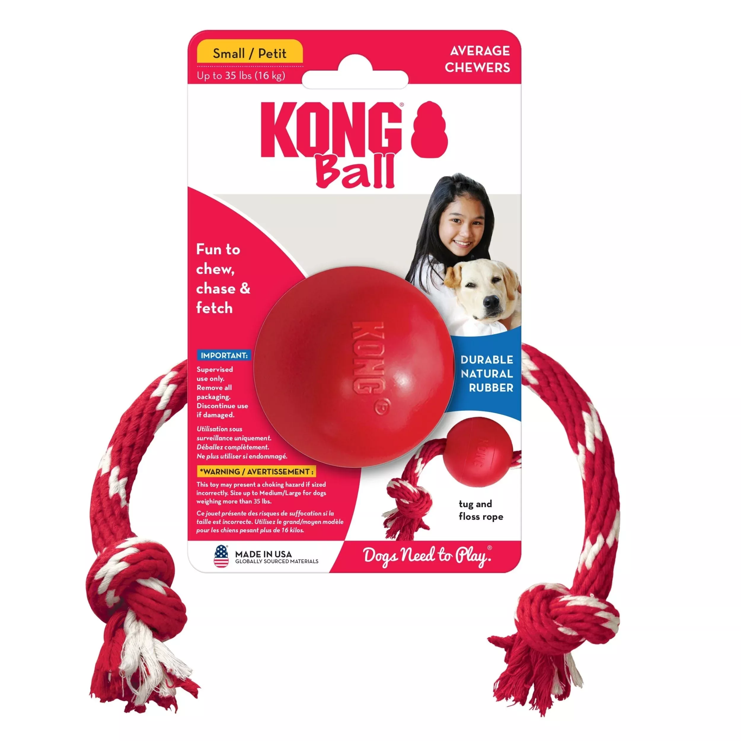 KONG Durable Rubber Ball With Rope Dog Toy Small
