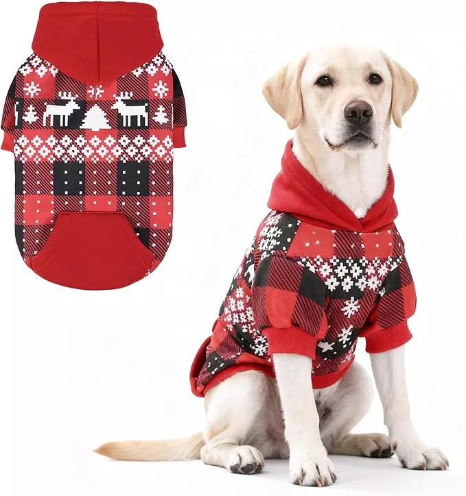 KOOLTAIL Christmas Dog Hoodie,Red Plaid Pet Clothes Sweater with Leash Hole&Pocket for Small Medium Large Dogs, Soft Winter Warm Dog Cold Weather Coat, Fleece Puppy Hooded Sweatshirt for Boys Girls, M