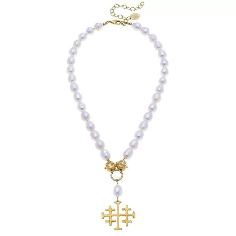 Large Jerusalem Cross Freshwater Pearl Necklace