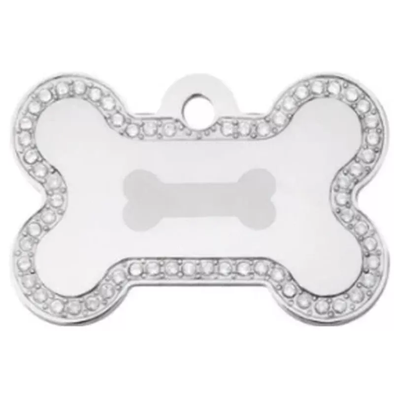 Large Silver Clear Strass Bone Dog Tag 3.8X2.4cm