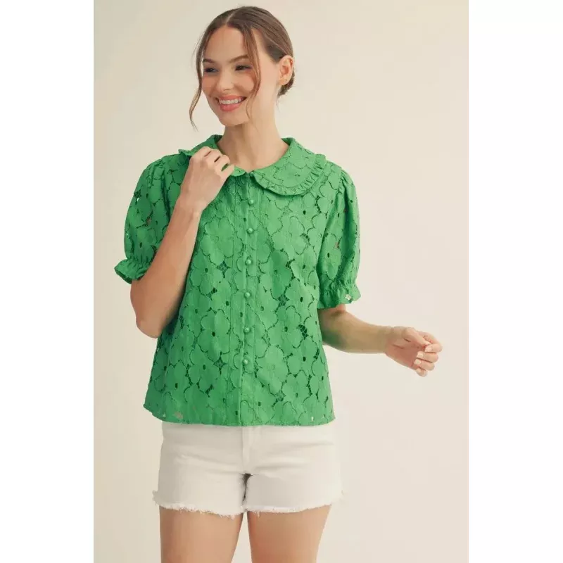 Layla Short Sleeves Button Down 3D Lace Top
