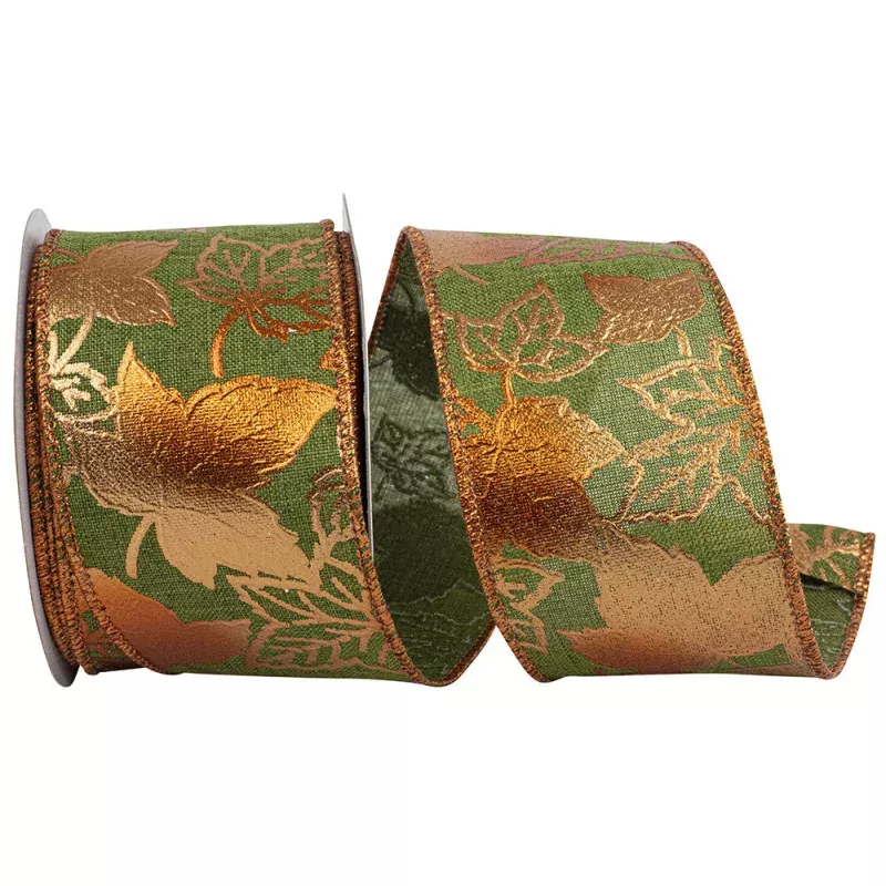 Leaves Raised Metalic Linen Wired Edge Ribbon