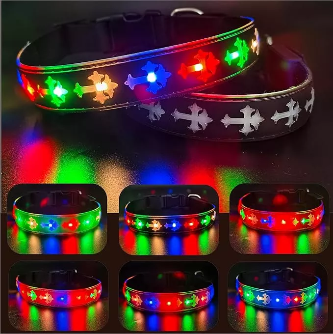 LED Dog Collar, USB Rechargeable, 15 Light Modes, Multi-Color Cross Pattern (Black Pro, L(15.7-19.7″))