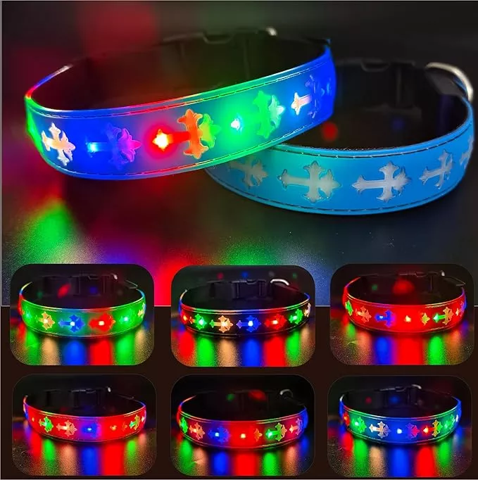 LED Dog Collar, USB Rechargeable, 15 Light Modes, Multi-Color Cross Pattern (Blue Pro, M(11.8-15.7″))