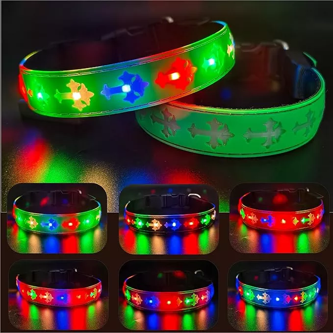 LED Dog Collar, USB Rechargeable, 15 Light Modes, Multi-Color Cross Pattern (Green Pro, L(15.7-19.7″))