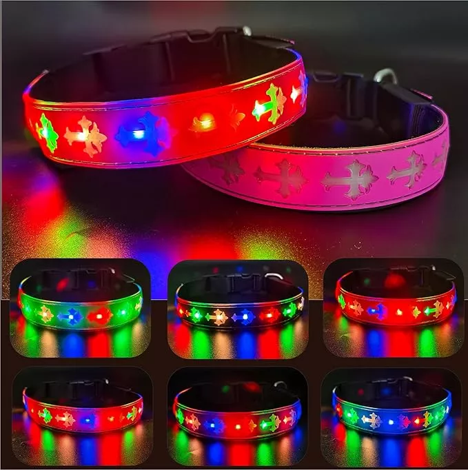 LED Dog Collar, USB Rechargeable, 15 Light Modes, Multi-Color Cross Pattern (Pink Pro, S(7.87-11.8″))