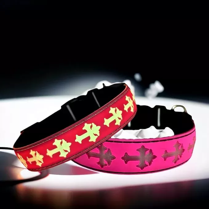 LED Dog Collar, USB Rechargeable, 15 Light Modes, Multi-Color Cross Pattern (Pink, XL(19.7-23.6″))