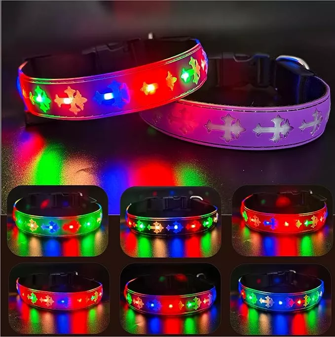 LED Dog Collar, USB Rechargeable, 15 Light Modes, Multi-Color Cross Pattern (Purple Pro, L(15.7-19.7″))