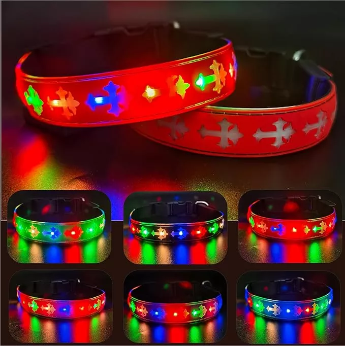 LED Dog Collar, USB Rechargeable, 15 Light Modes, Multi-Color Cross Pattern (RED Pro, L(15.7-19.7″))