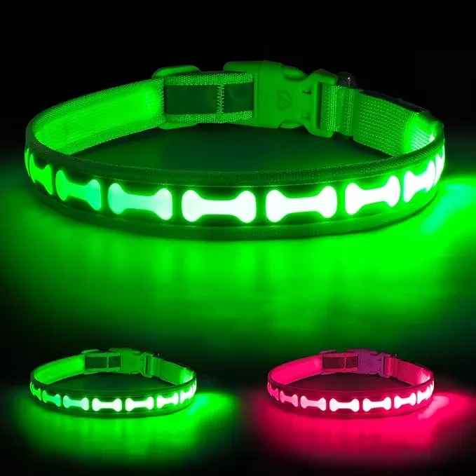 LED Dog Collar with Battery Display, Adjustable Light Up Dog Collars Rechargeable, Glowing in The Dark Reflective Light Collar Super Bright Safety Dog Light for Medium Large Small Pets (Green, M)