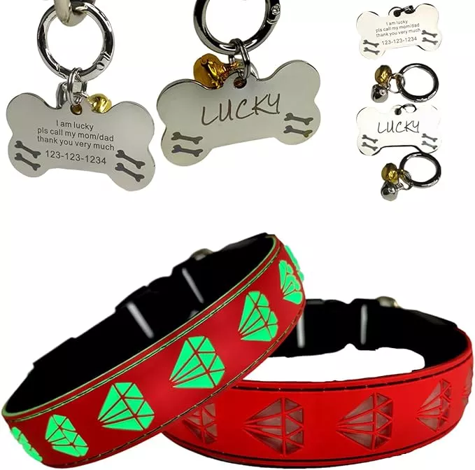 LED Dog Collar with Diamond Pattern, 15 Light Modes, with Bonus Pet ID Tag and Bell (RED, S(7.87-11.8″))
