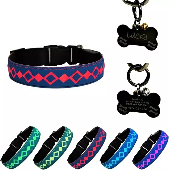 LED Dog Collar with ID Tag, 15 Light Modes, Waterproof Silicone, Night Safety (BLUE Pro, S(7.87-11.8″))