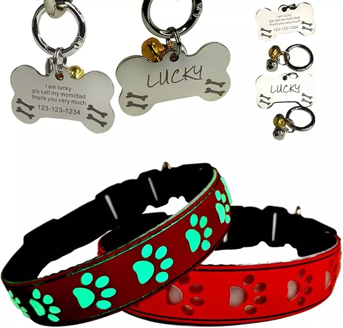 LED Dog Collar with Paw Print Design, 15 Light Modes, Waterproof, Includes Bone-Shaped Name Tag, Multiple Colors (Pink Pro, XL(19.7-23.6"))