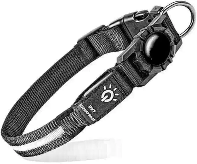 LED Dog Collar with Tracker Tag Holder Case Compatible with Apple Tracker Products– Large, USB Rechargeable, Ultra-Bright & High-Visibility for Night Safety 3-Modes (Black)[IPX7 Waterproof]